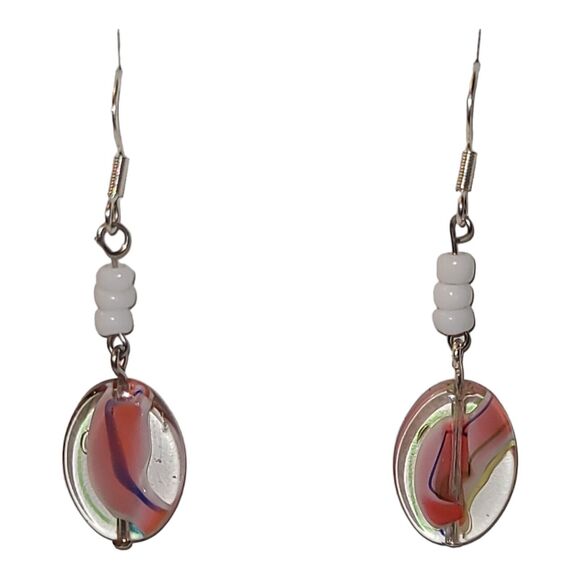 Multi-color Pink White Art Glass Bead Dangle Earrings 925 Sterling Silver 2" - Picture 2 of 5